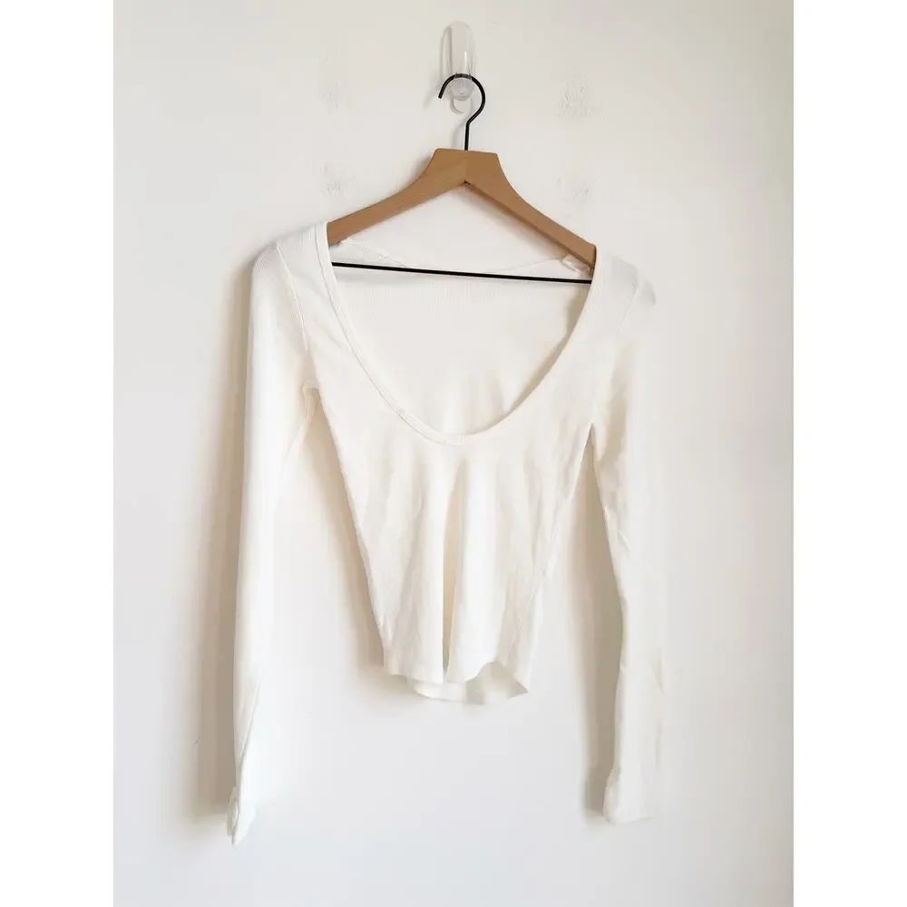 NEW Free People We The Free Unapologetic Long Sleeve Ribbed Tee Ivory White XS